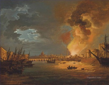 海戦 Painting - ウィリアム・サドラー軍艦による1814年の税関焼き討ちを描いたロンドン奇想曲